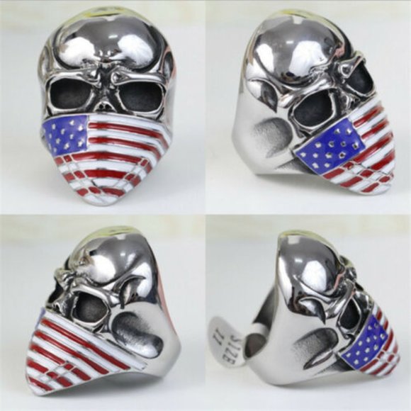 Other - Stainless Steel Skull and American Flag Biker Ring